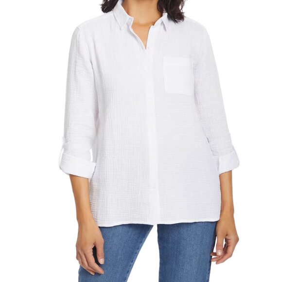 ANNE KLEIN JEANS WHITE BUTTON DOWN CRINKLE GAUZE SHIRT 100% COTTON M NWOT - Picture 1 of 11